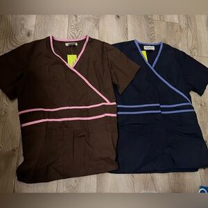 Set of Brown and Navy Scrub Tops with Pink and Blue Trim